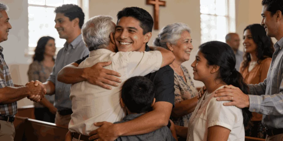 A congregation greeting one another