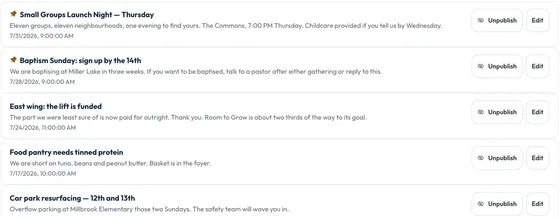 Church announcements in OnChurch, with publish dates and controls to edit or unpublish each one.