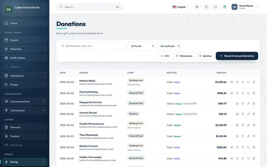 The OnChurch Donations table: every gift with date, donor, fund and campaign, method (card, check with its number, or cash; online or recorded by hand) and amount, with filters, CSV, statements, batches and a button to record a manual donation.
