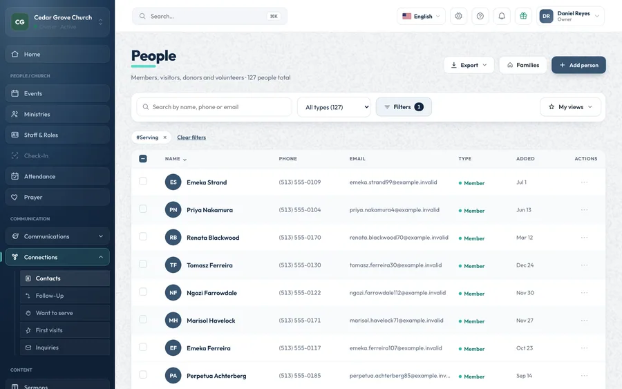 The OnChurch People list filtered by a Serving tag, with search, type, filters, saved views and export above a table of names, phone numbers, emails, types and dates added.