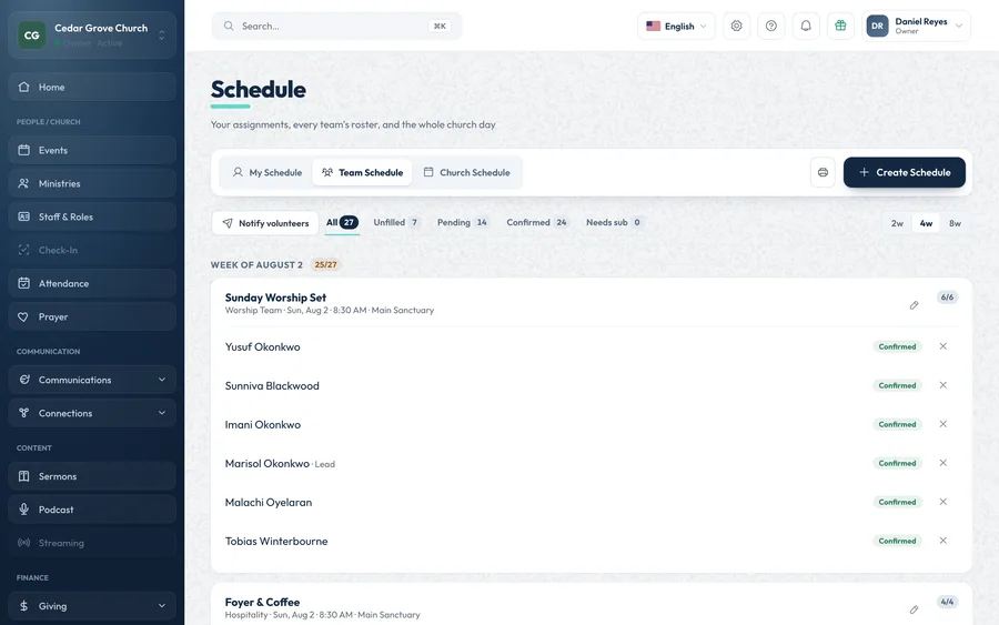 The OnChurch Team Schedule: every ministry’s volunteer roster for the week, with unfilled, pending, confirmed and needs-a-sub filters, a button to notify volunteers and each slot’s confirmed people.