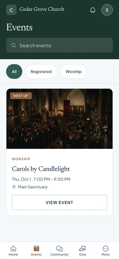 The Events tab of the OnChurch member app: search, filters and the next event with its photo, time and place.