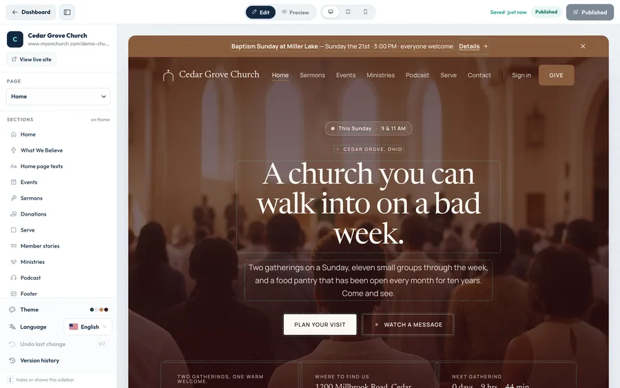 The OnChurch website builder: a sidebar with the page picker, the sections of the home page, theme, language, undo and version history, beside a live, editable view of a church’s website in edit mode.